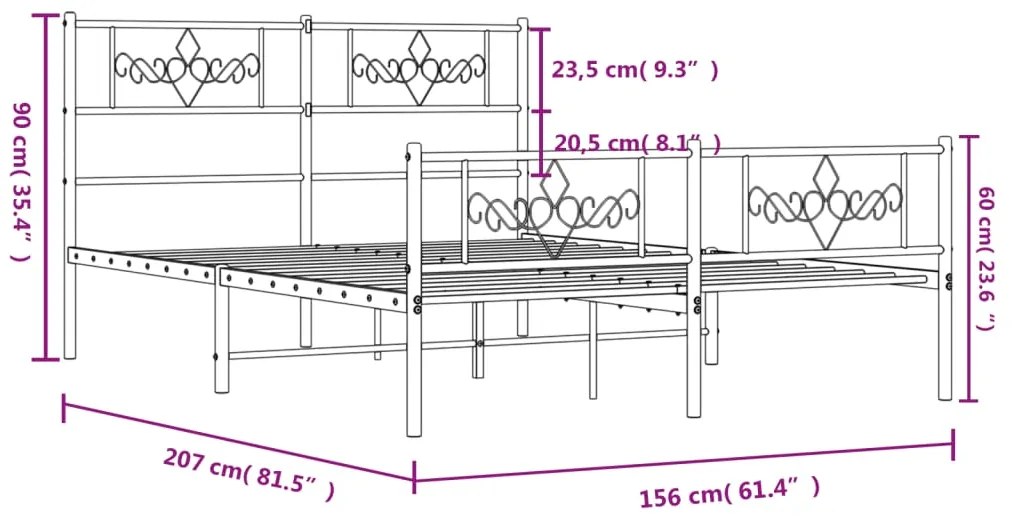 Estrutura de cama com cabeceira e pés 150x200 cm metal preto