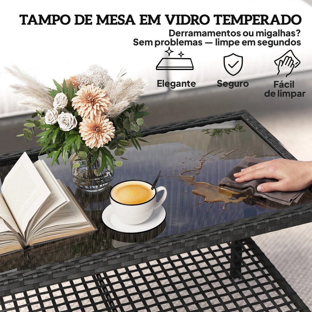 Mesa de Centro de Jardim em Ratã com Prateleira e Tampo de Vidro Temperado Estrutura de Aço 92x50x45 cm Preto