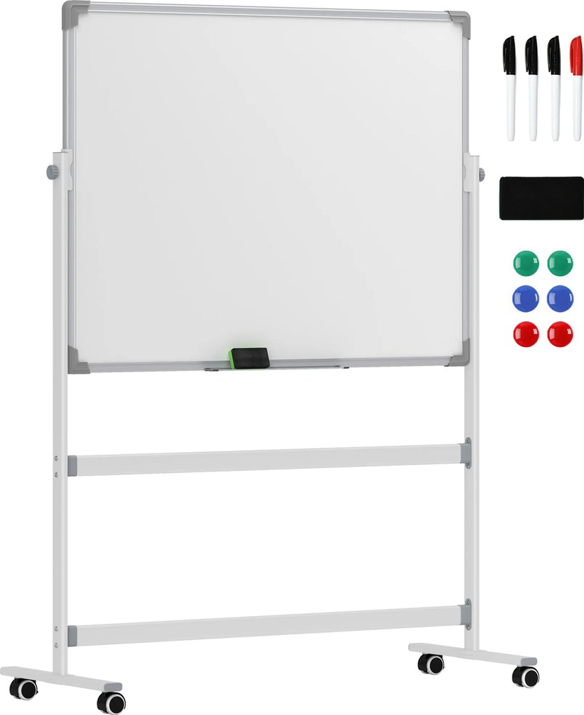 HOMCOM Quadro Magnético de Dupla Face 120x90 cm Quadro Branco Giratório com Suporte Ímanes Marcadores e Apagador Branco | Aosom Portugal