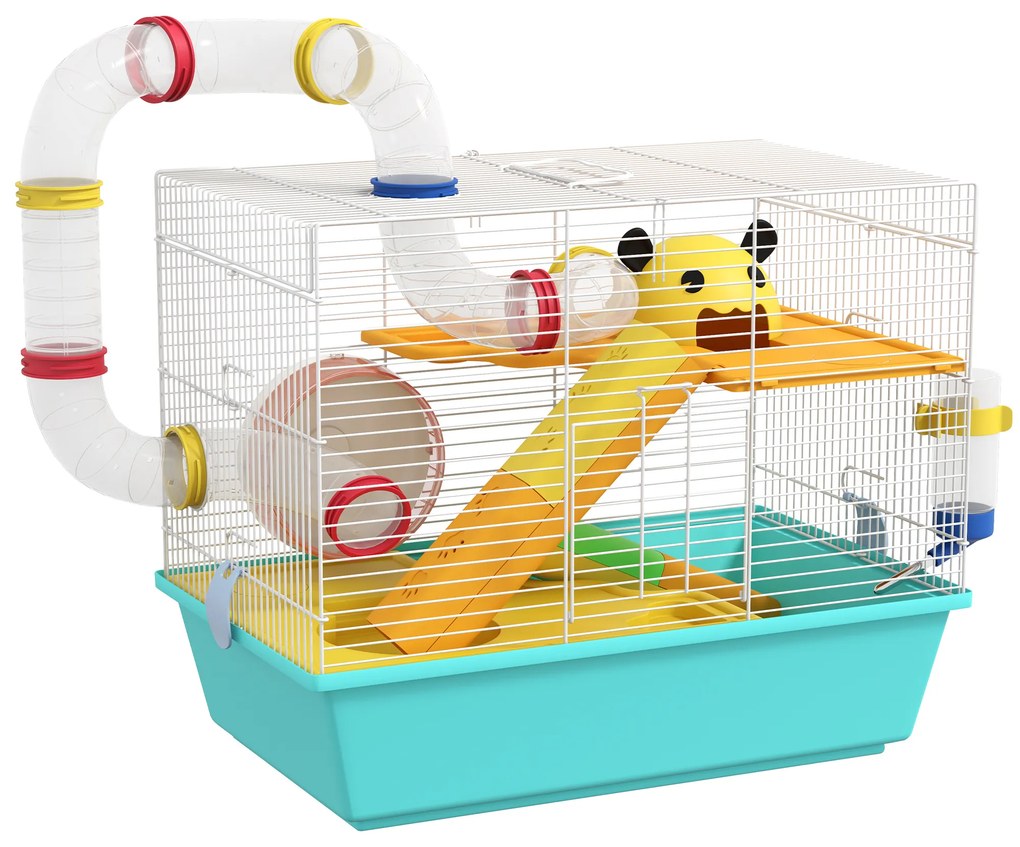 PawHut Gaiola para Hamsters com Túnel Plataformas Comedouro Bebedouro Casinha Rampas e Roda de Exercício 45x28x37 cm Azul Claro | Aosom Portugal