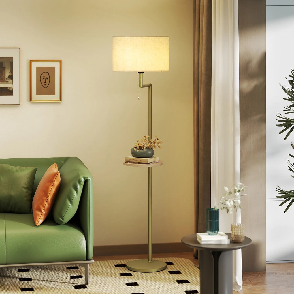 Candeeiro de Pé com Mesa Auxiliar Lâmpada E27 Máx. 40W Ecrã de Linho Interruptor de Corrente e Carregador USB Ø40x170 cm Dourado