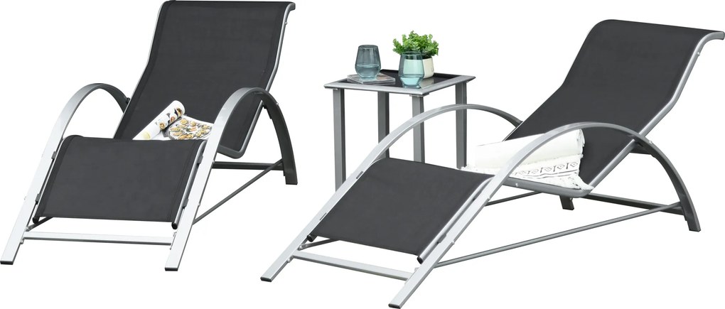 Conjunto de 2 espreguiçadeiras de design contemporâneo com mesa de centro com tampo em vidro temperado, metal com revestimento epóxi e textilene cinze