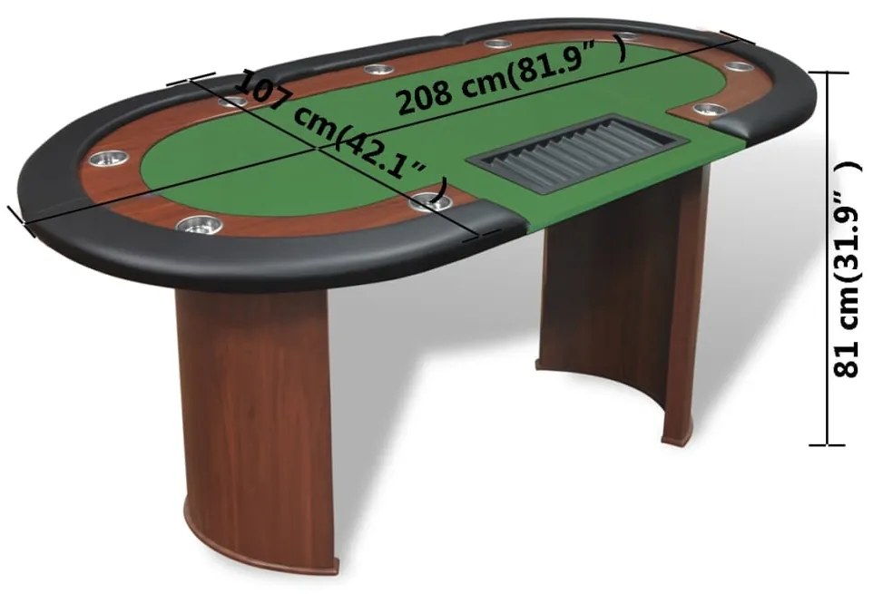 Mesa poker 10 jogadores c/ área crupiê e tabuleiro fichas verde