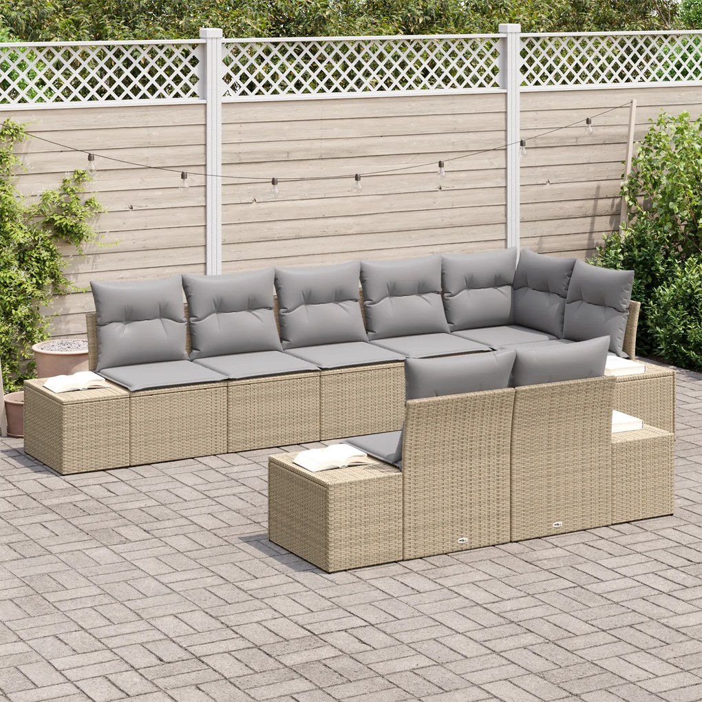 Conjunto de Sofá de Jardim de 8 Peças com Almofadas Bege Rattan