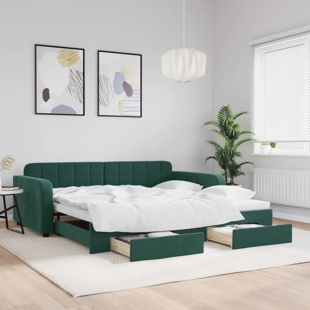Sofá-cama c/ gavetão e gavetas 100x200 cm veludo verde-escuro