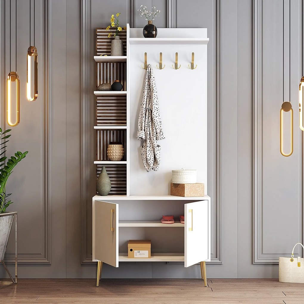 Hall Stand Viyana – Branco/Dourado – 90 cm x 35 cm x 202 cm