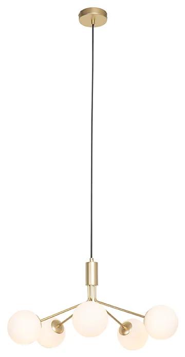 Moderno candeeiro suspenso dourado com vidro opalino 5 luzes - Coby Art Deco