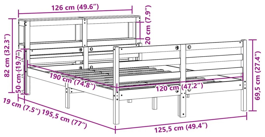 Estrutura cama c/ cabeceira 120x190 cm pinho maciço