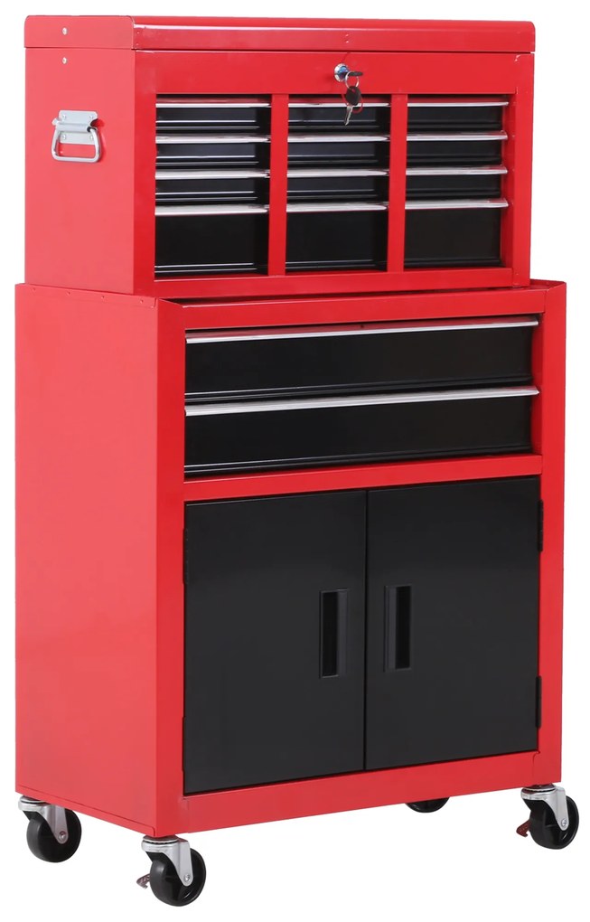 HOMCOM Carrinho de Ferramentas Carrinho/Caixa de Ferramentas 6 Gavetas 1 Cômoda Caixa Removível Aço Vermelho e Preto | Aosom Portugal