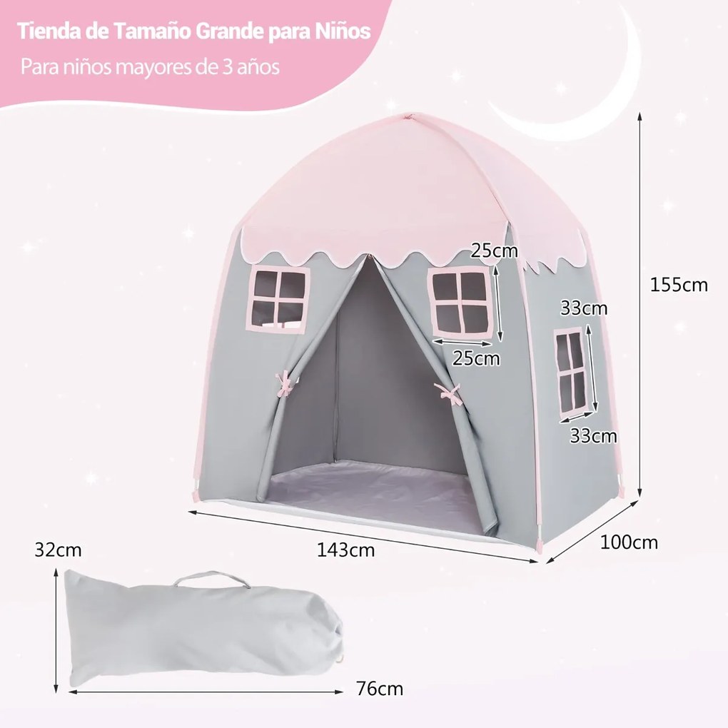 Tenda de brincar infantil Princesa Tenda com tapete antiderrapante com fecho interior de janelas 143 x 100 x 155 cm rosa e cinza