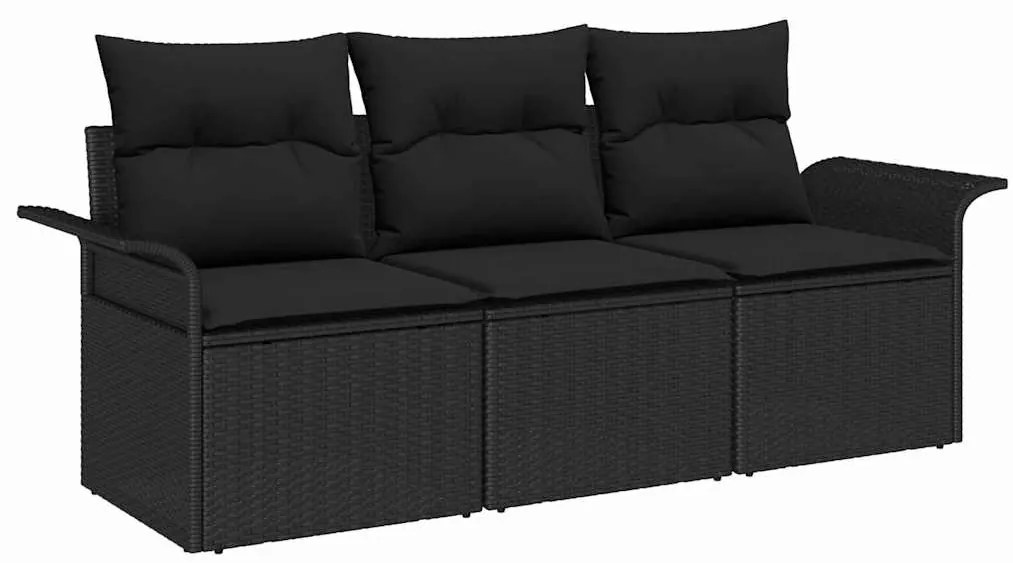 Conjunto de Sofá de Jardim de 3 Peças com Almofadas Preto Rattan PE