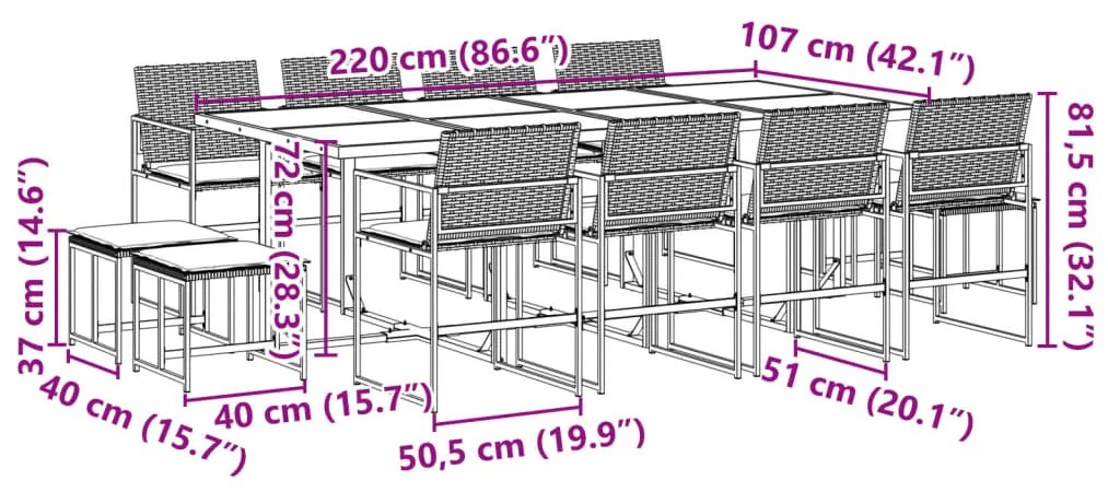 13 pcs conjunto de jantar p/jardim com almofadões vime PE preto