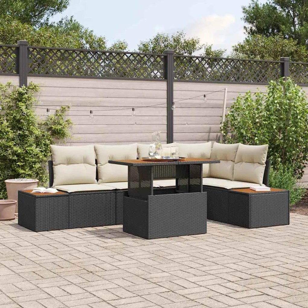 vidaXL Conjunto de Jantar para Jardim com 6 Peças e Almofadas Pretas de Rattan Sintético