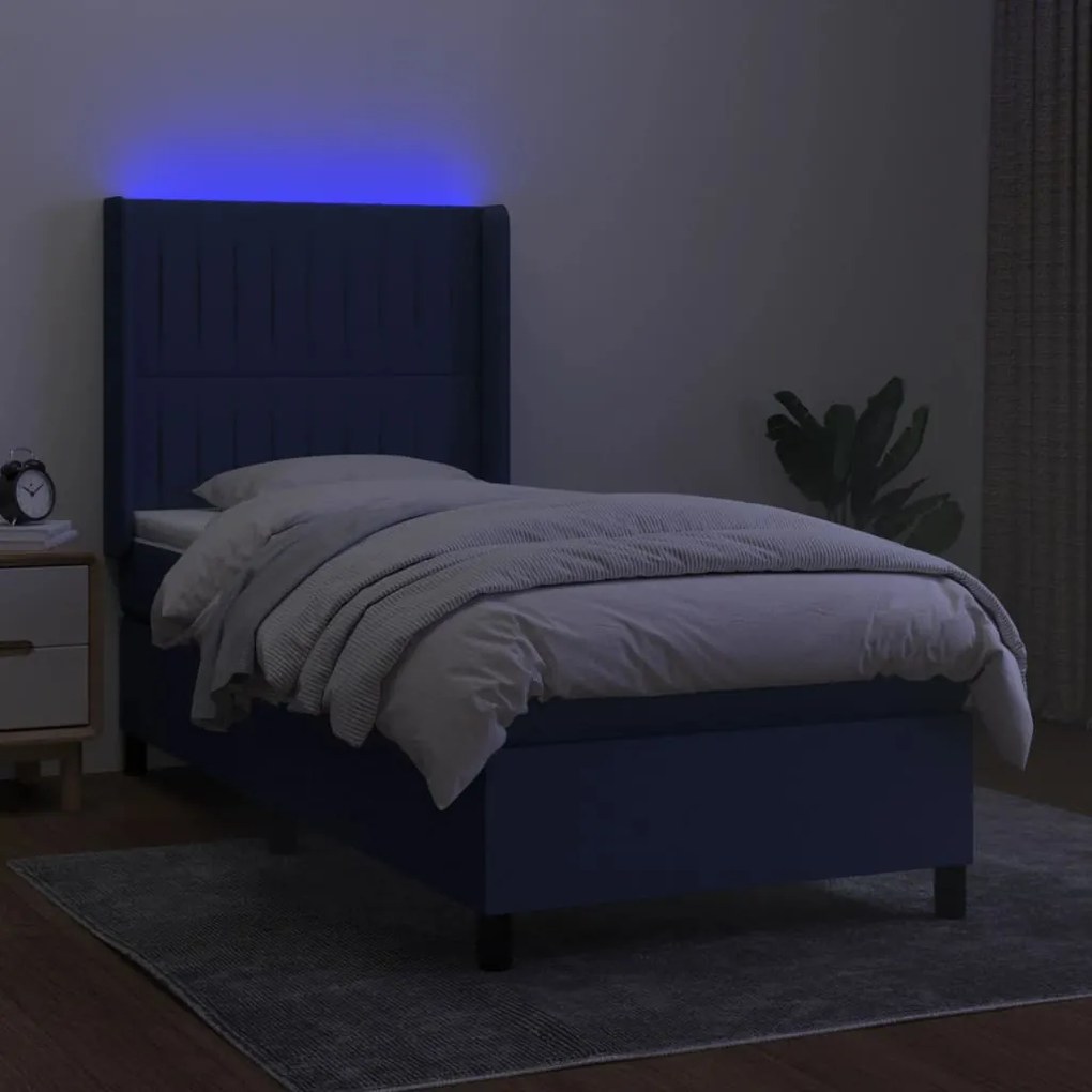 Cama box spring c/ colchão e LED 90x190 cm tecido azul