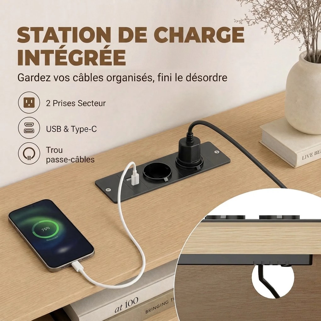 Móvel de TV, 140 x 40 x 55 cm, Tomadas Integradas, Cor Carvalho
