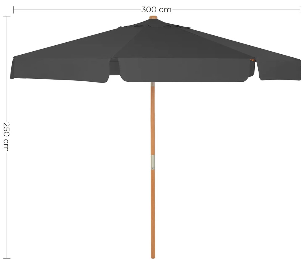 Guarda-sol redondo 300 cm haste em madeira de faia, tecido de poliéster de 180 g/m cinzento