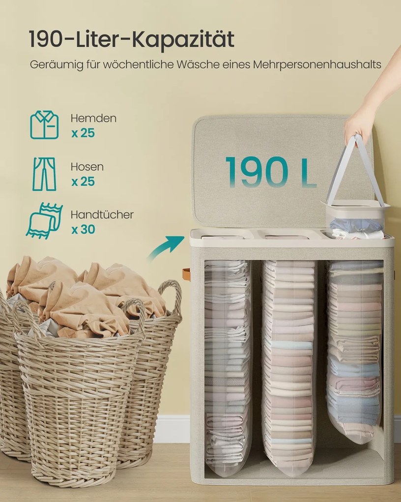 Cesto para roupa suja com 3 compartimentos, 190 l, 64 x 40 x 75 cm bege cappuccino