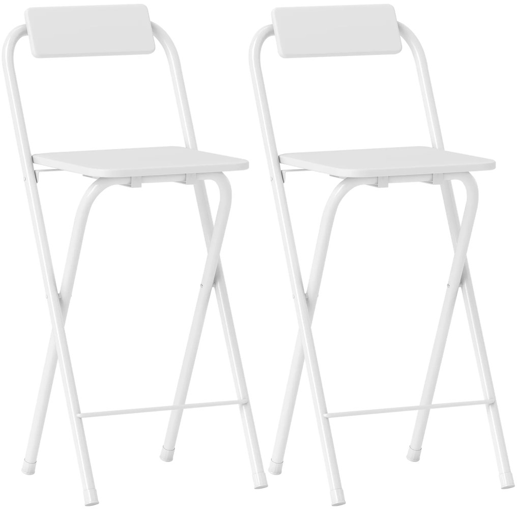 HOMCOM Conjunto de 2 Bancos de Bar Dobráveis Bancos Altos de Cozinha com Encosto Apoio para os Pés 37x45x87 cm Branco | Aosom Portugal