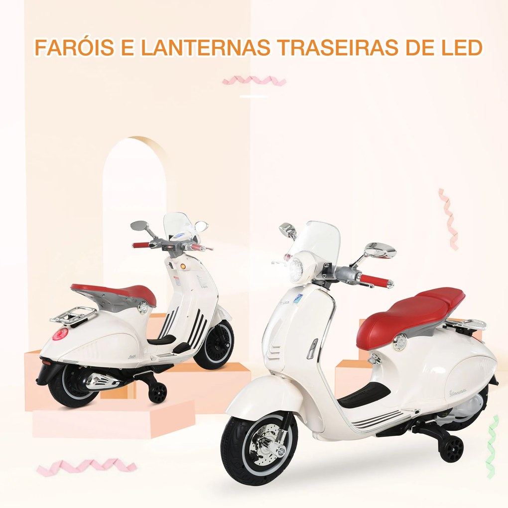 Motocicleta VESPA Elétrica acima de 3 Anos com Faróis Música 2 Rodas Auxiliares 108x49x75 cm Branco