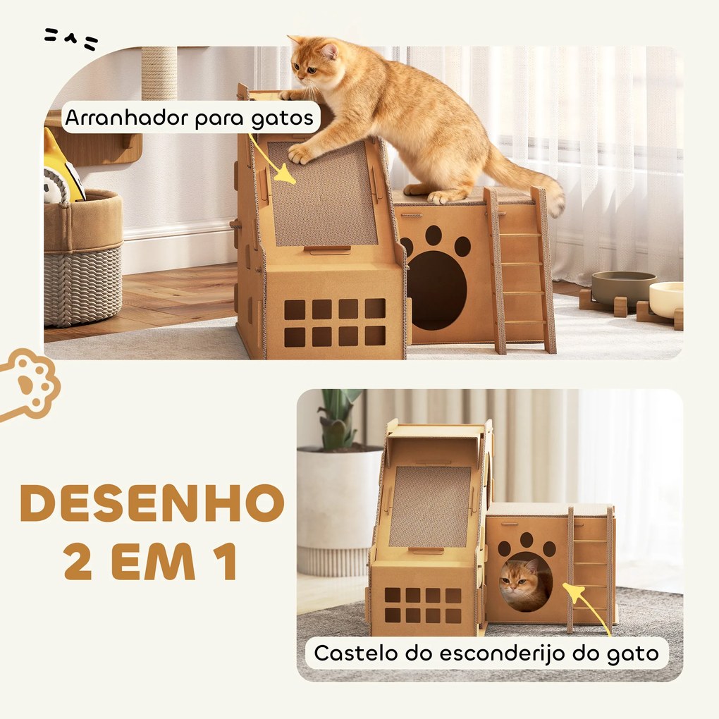 Arranhador para Gatos em Forma de Castelo 2 em 1 com 2 Áreas para Arranhar Catnip Rampa e Escada  67x66x57 cm Castanho