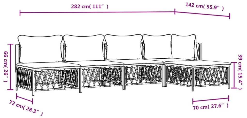 5 pcs conjunto lounge de jardim com almofadões aço branco