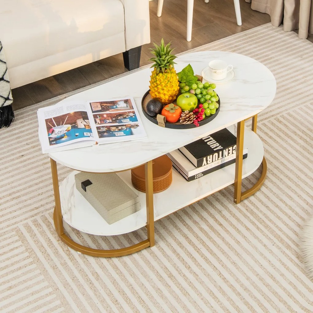 Mesa de centro em mármore de 2 níveis para sala de estar e quarto 100 x 50 x 45 cm Branco e dourado