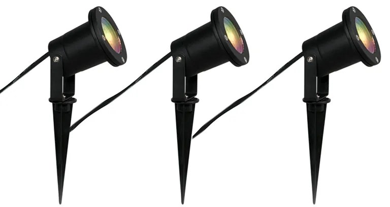 Conjunto de 3 projetores de jardim inteligentes pretos, incluindo cabo e ficha de 200 cm IP65, incluindo Zigbee GU10 - Basic