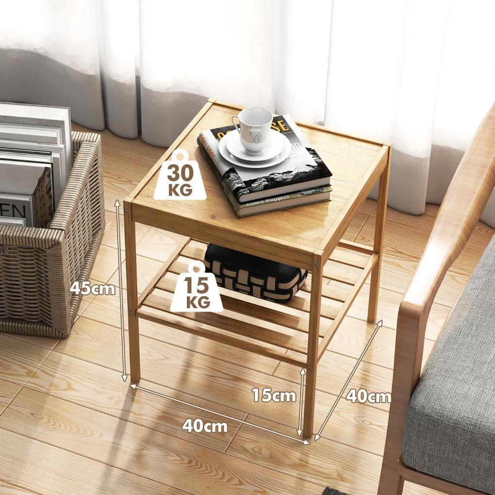 Conjunto de 2 mesas de cabeceiras de bambu com 2 camadas com prateleira compacta para sala quarto 40 x 40 x 45 cm natural