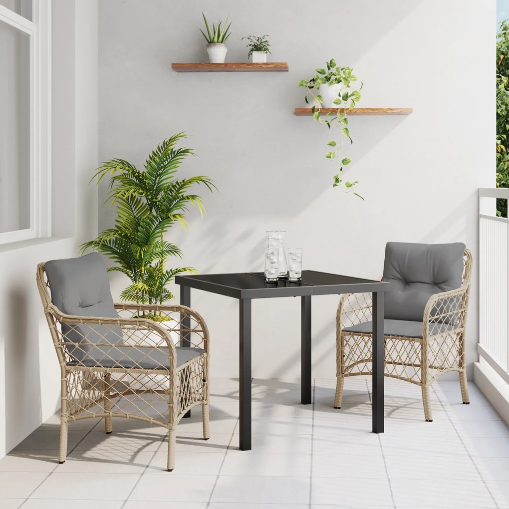 vidaXL Conjunto de Jantar de 3 peças com Almofadas Bege Rattan Poliéster