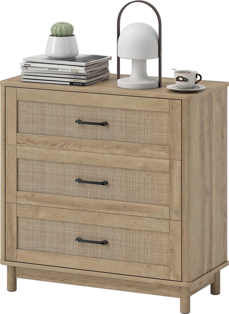 Cómoda de 3 Gavetas, 76 x 35 x 76 cm, Frentes em Rotim Natural, Carvalho