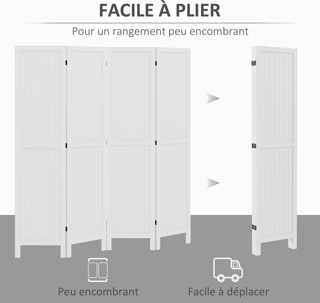 Biombo de madeira para divisão de espaços 160 x 170 cm, divisória interior dobrável, 4 painéis de madeira, branco