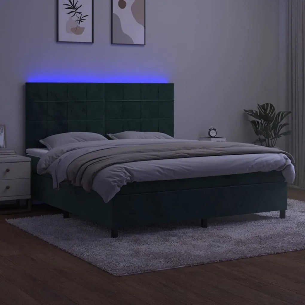 Cama box spring c/ colchão/LED 160x200 cm veludo verde-escuro