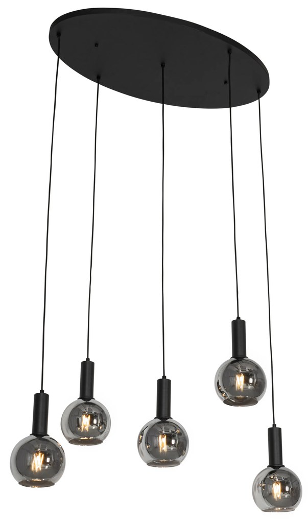 Candeeiro suspenso Art Déco preto com vidro fumê oval 5 luzes - Josje Art Deco