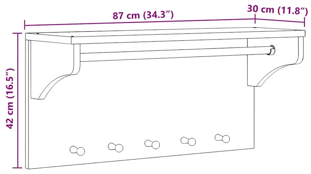 Cabide de parede Branco 87x30x42 cm Pinho de madeira maciça
