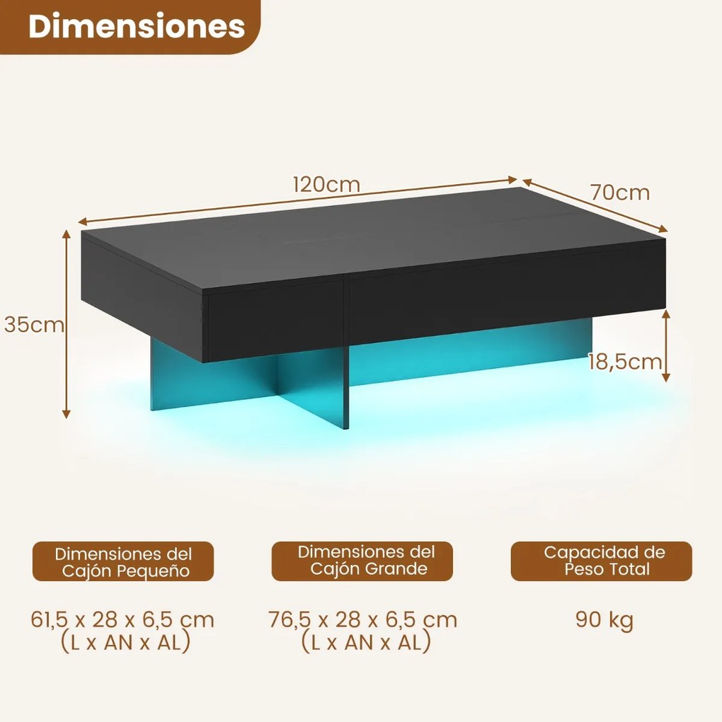 Mesa de centro 120 x 70 x 35 cm moderna com LED com 3 gavetas de arrumação, para sala de estar Preta