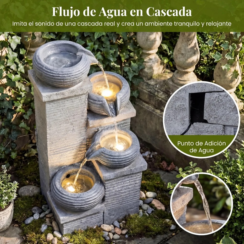 Fonte de Cascata de 4 Níveis, 28 x 22 x 58 cm, com Luz LED, Cinzento