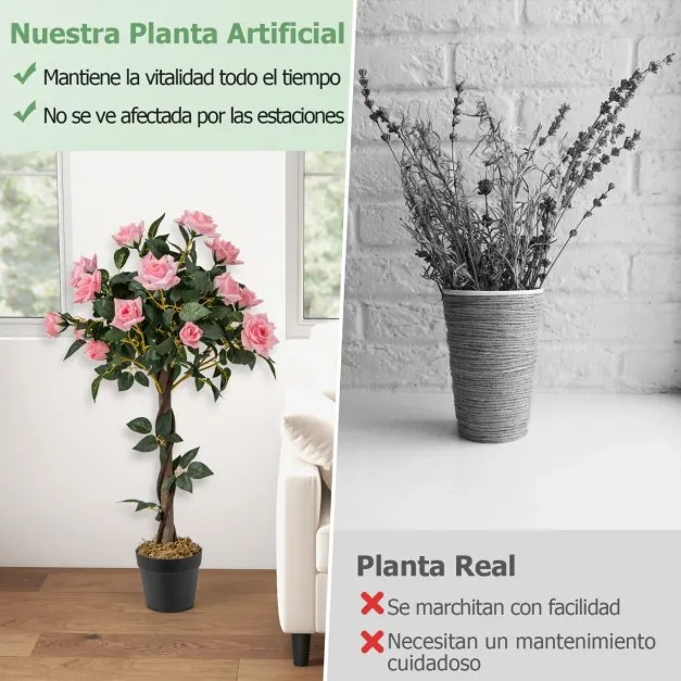 Árvore de flor artificial de 93 cm, planta floral falsa com rosas, tronco de madeira, interior e exterior, escritório e decoração de entrada, rosa