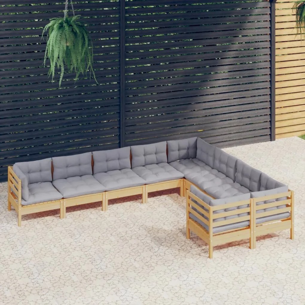 9 pcs conjunto lounge de jardim c/ almofadões cinzentos pinho