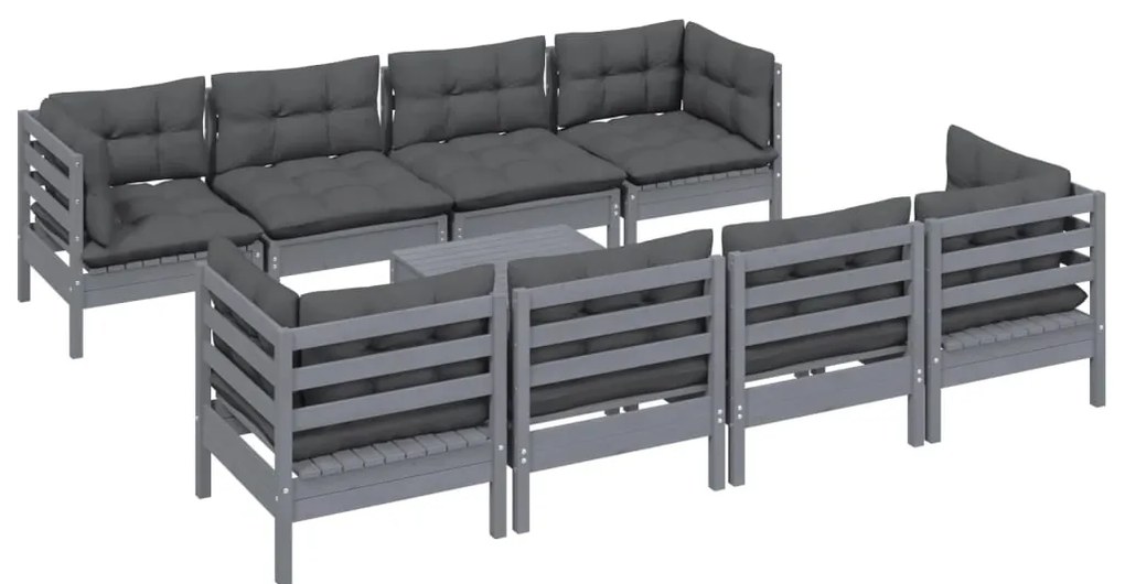 9 pcs conjunto lounge de jardim c/ almofadões pinho maciço
