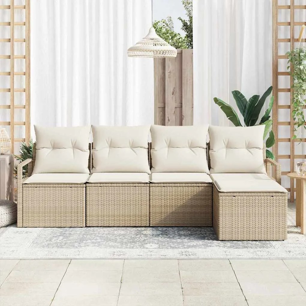 Sofá de Jardim 5 Peças com Almofadas Bege em Rattan Sintético.