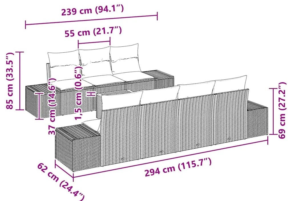 Conjunto de Sofá de Jardim 8 pcs Cinzeto 55 x 55 x 37 cm
