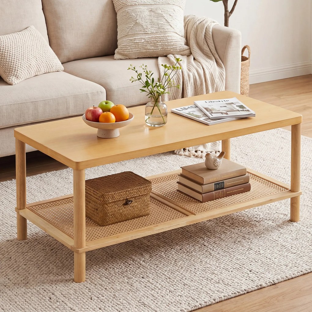 Mesa de Centro retangular, 100 x 52 x 45 cm, Dois Níveis de Arrumação, Natural
