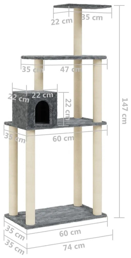 Árvore p/ gatos c/ postes arranhadores sisal 147cm cinza-escuro