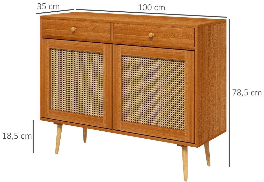 Aparador de Madeira com 2 Gavetas Prateleiras Ajustáveis e 2 Portas de Vime Armário de Armazenamento Estilo Cannage 100x35x78,5 cm Castanho
