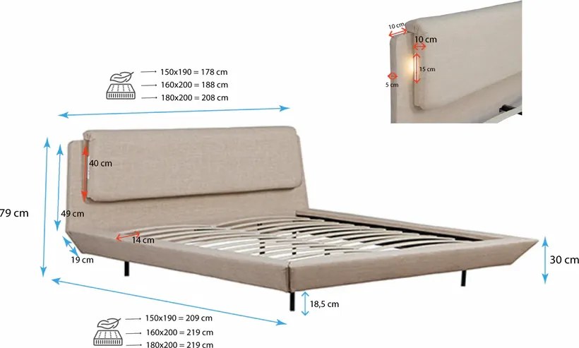 Cama de Casal Flutuante Beatrice com Colchão – 160x200 cm – Bege – LED
