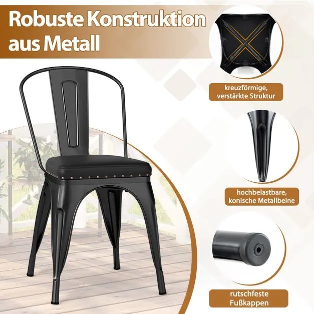 Conjunto de 4 cadeiras de jantar, cadeira de bistrô, cadeira de metal empilhável, cadeiras de cozinha acolchoadas, cadeiras de jardim com encosto, 44