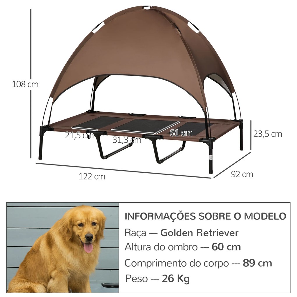 Cama Elevada para Animais de Estimação Portátil com Toldo Amovível Tecido Respirável para Interior e Exterior 122x92x108cm Marrom