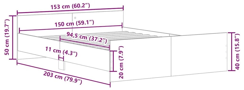 Estrutura de cama c/ painéis de cabeceira e pés cinzento sonoma