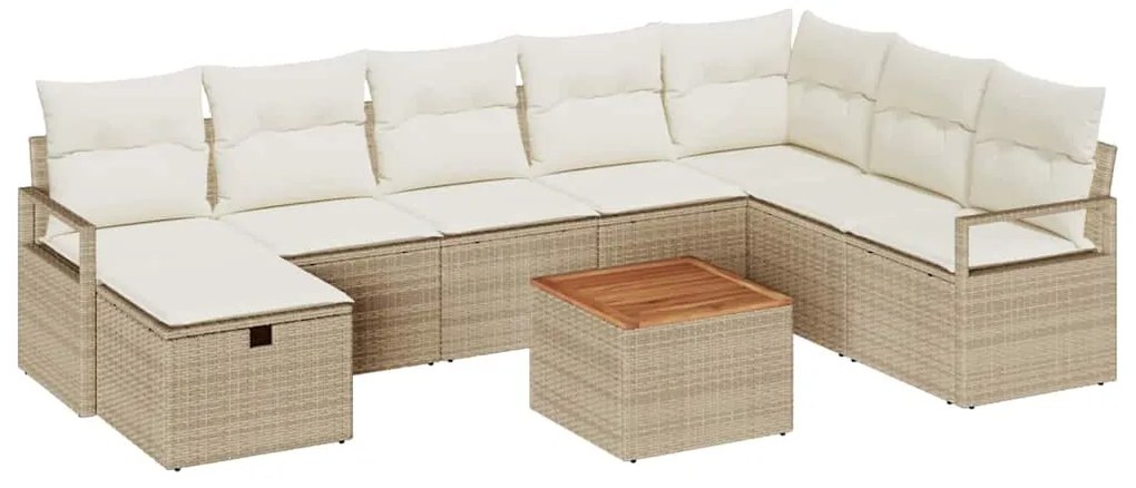Conjunto de Sofá de Jardim de 9 Peças com Almofadas Bege de Vime PE