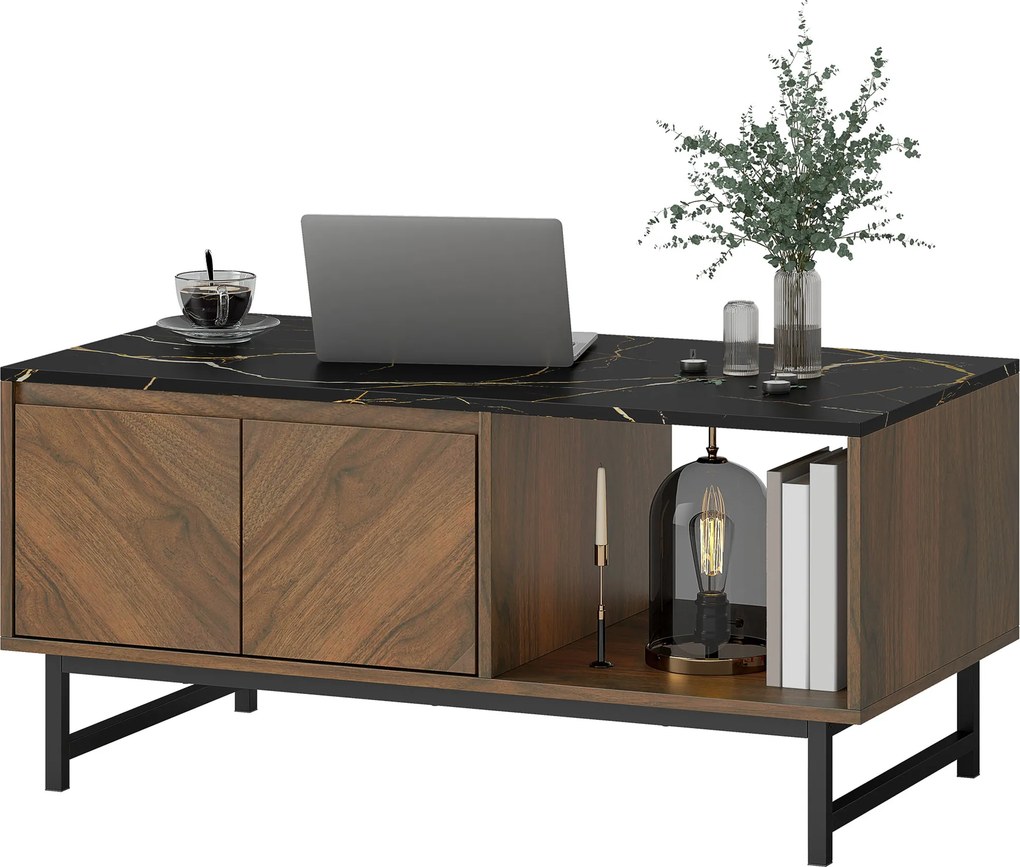 Mesa de centro, mesa de sala, tampo com efeito de mármore, 2 portas e 2 compartimentos abertos, 100 x 50,8 x 45,7 cm, cor nogueira